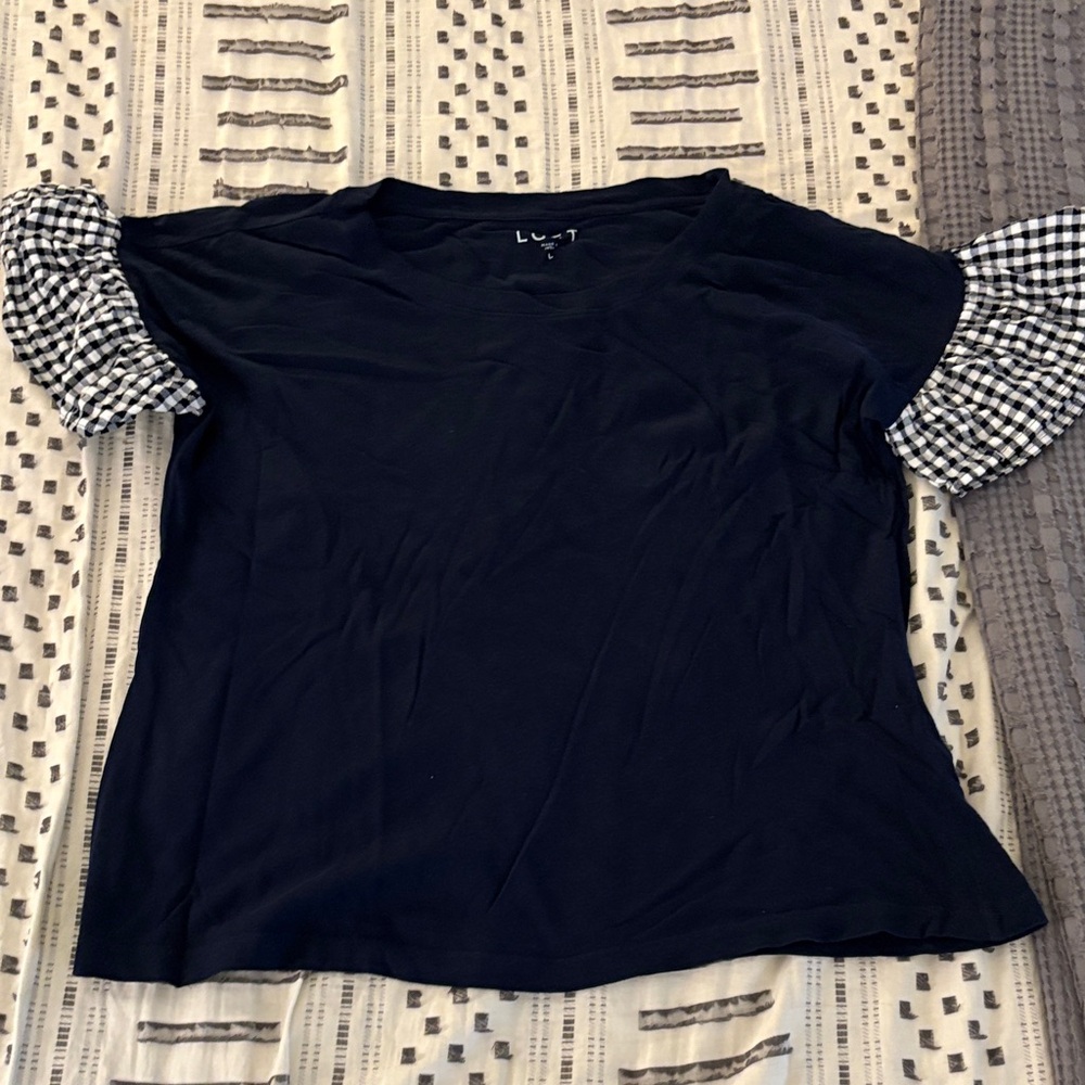 LOFT Navy and White Women's Top with Checkered Gingham Sleeves